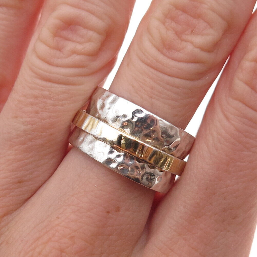Silpada 925 Sterling Silver 2-Tone Vintage Hammered Rotating Ring Size 7.75
